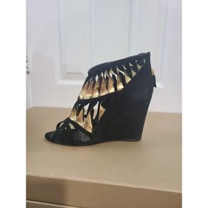 Chanel Cc Black Gold Metallic Suede Heels Wedge B… - image 1